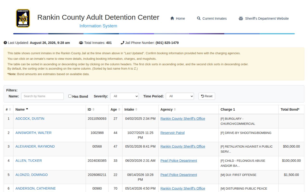 Rankin County current jail roster booking record interface